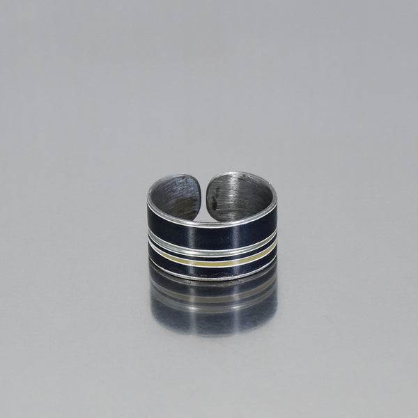 Silver adjustable ring with black and silver stripes made from original 2021 Mercedes Sprinter van paint