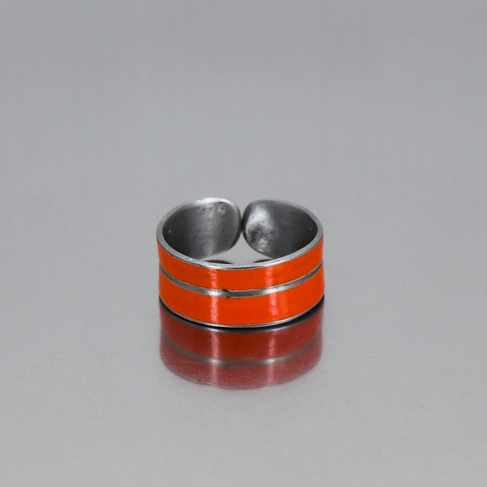 Silver adjustable ring with bright orange painted steel inlay from a 74 Ford F150 pickup truck