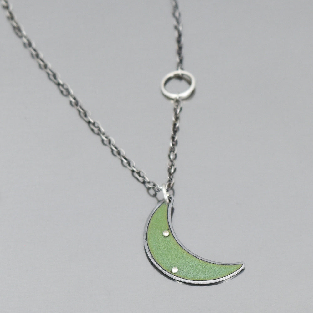 Sterling silver chain necklace with crescent moon pendant made from original 69 Chevy Nova car paint