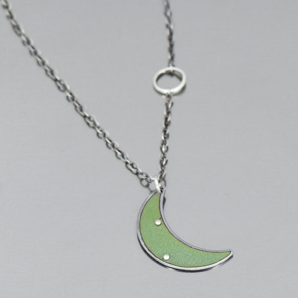 Sterling silver chain necklace with crescent moon pendant made from original 69 Chevy Nova car paint