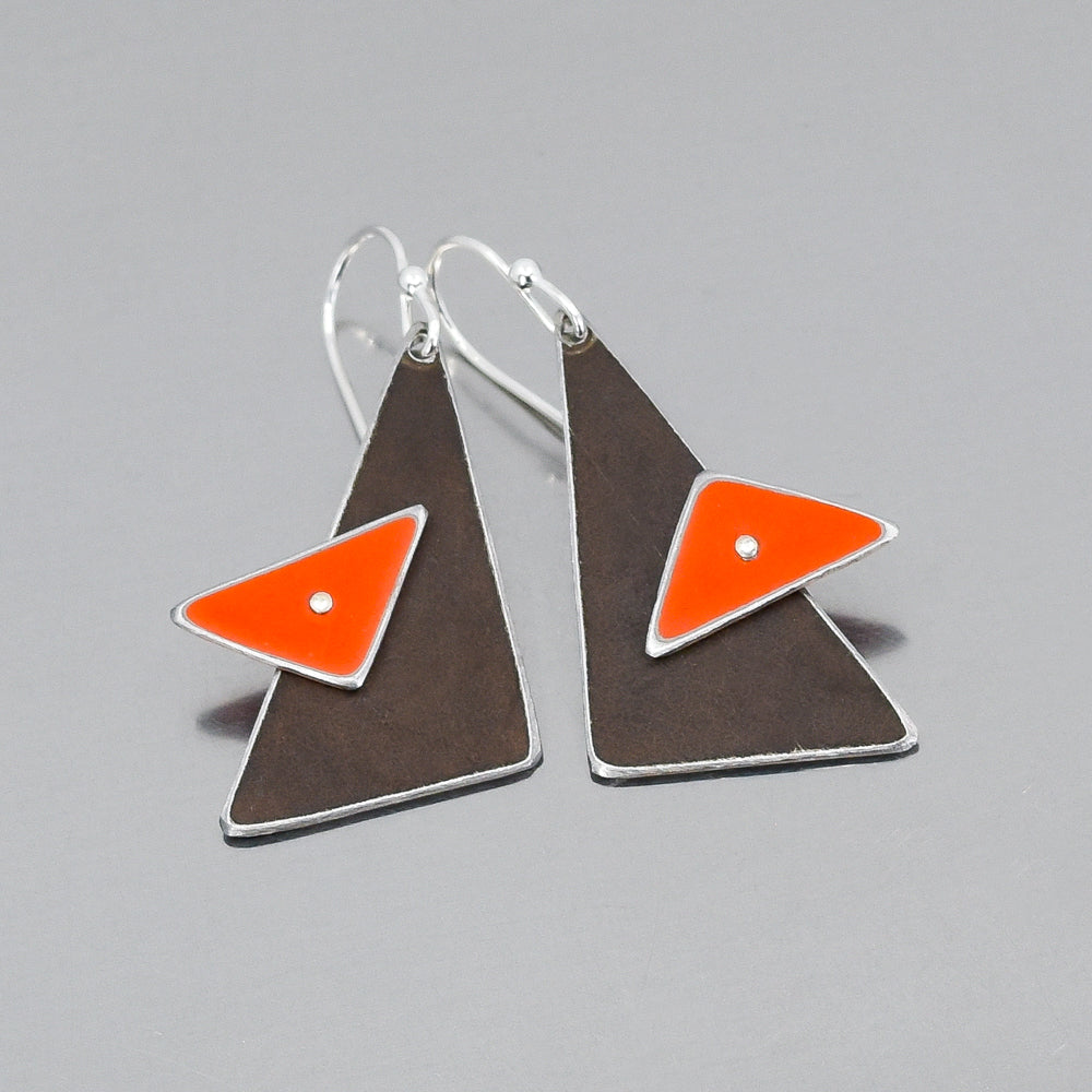 Silver earrings with dark brown 1969 Oldsmobile steel and bright orange 1974 Ford F150 painted enamel accents