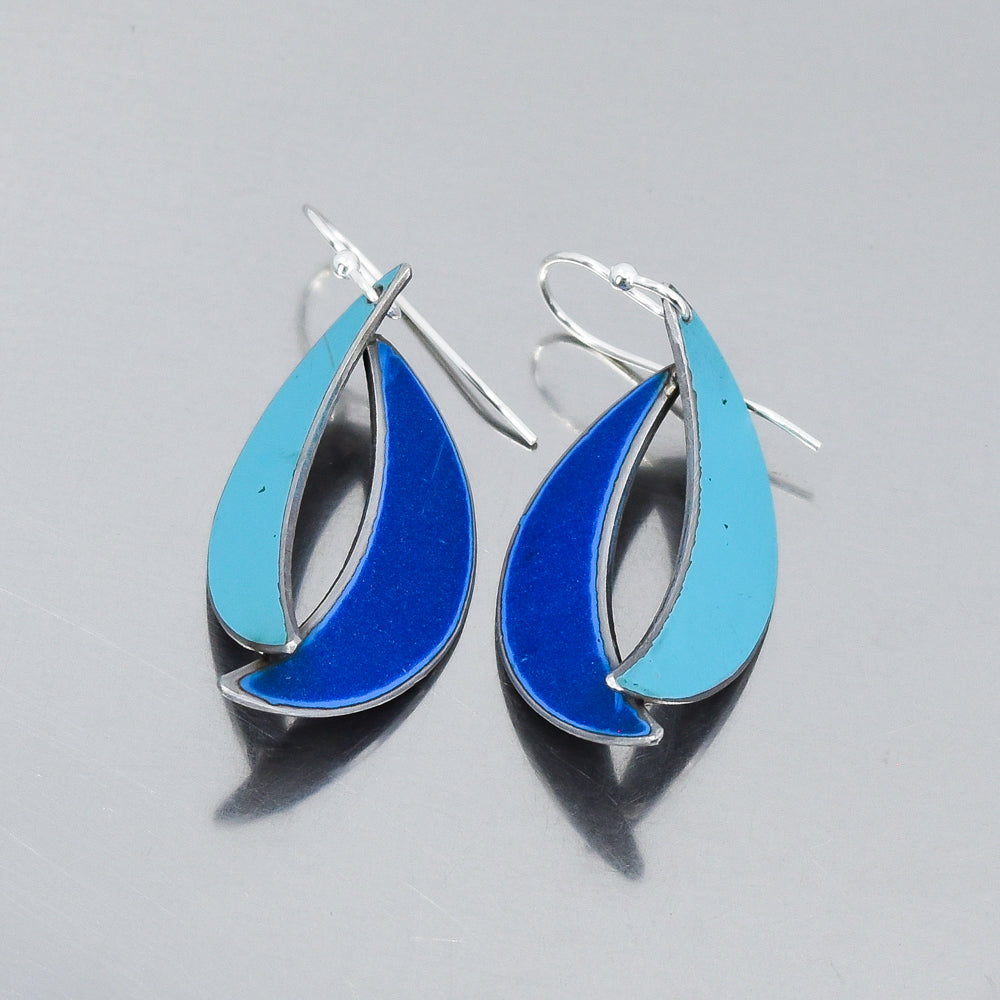 Silver earrings with blue and turquoise enamel made from 1975 Ford pickup and 1964 Ford Fairlane paint