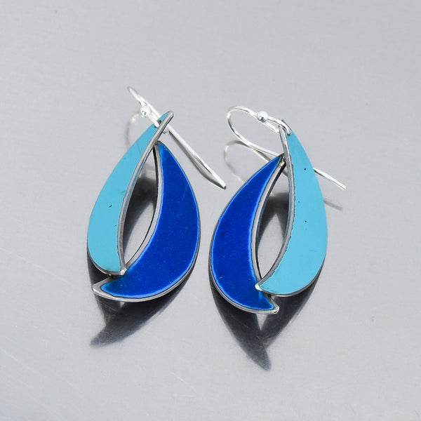 Silver earrings with blue and turquoise enamel made from 1975 Ford pickup and 1964 Ford Fairlane paint