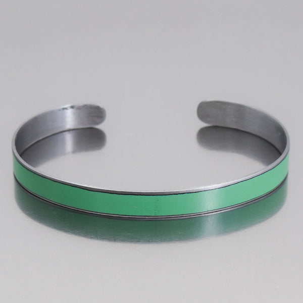 Silver cuff bracelet with a turquoise green enamel strip made from original Chevy Blazer vintage car paint