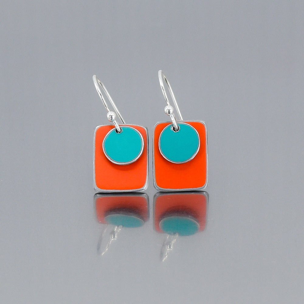 Sterling silver earrings with bright orange and turquoise enamel from 1974 Ford F150 and 1965 Ford Econoline van paint