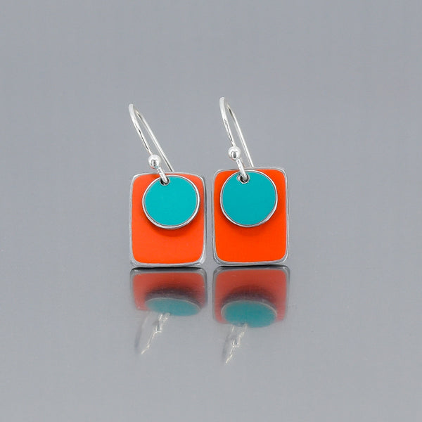 Sterling silver earrings with bright orange and turquoise enamel from 1974 Ford F150 and 1965 Ford Econoline van paint