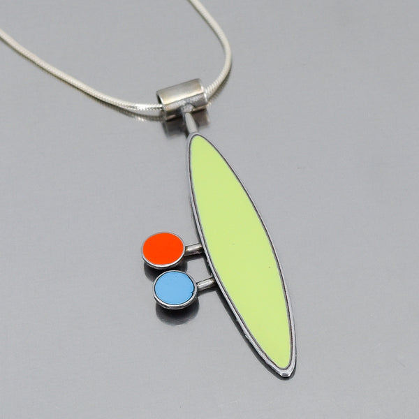 Silver pendant necklace with green, orange, and blue enamel inspired by classic 1973 Plymouth and 1960s Ford vehicles