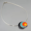 Sterling silver necklace with black, turquoise, orange, and yellow enamel circles from classic Ford and Chevy truck paint colors
