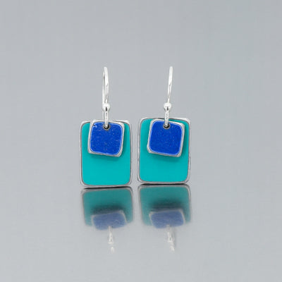 Etta - Ford earrings featuring turquoise and blue car paint with sterling silver ear wires on a gray background.