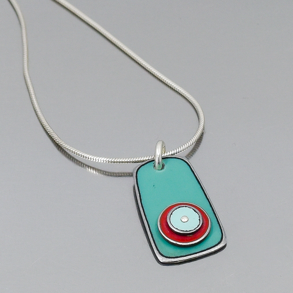 Marion - Chevy, Mercury, AMC necklace with light turquoise and red original car paint on sterling silver snake chain.