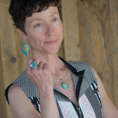 Maggie - Jeep & Ford turquoise and green pendant necklace with sterling silver cable, model wearing at 18 inches.