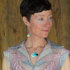 Woman wearing Eva - Plymouth, Dodge, AMC earrings and matching necklace with vintage car paint colors.