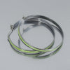 Claire - Plymouth Satellite: Large silver hoop earrings with stainless steel ear wires and a thin light green center stripe, displayed on a light gray surface.