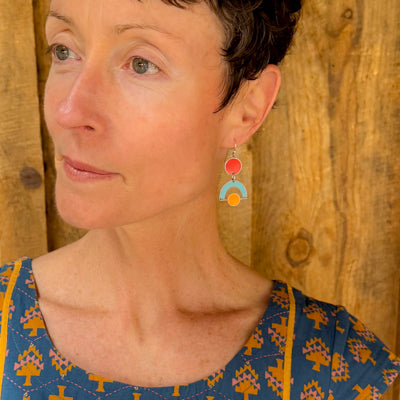 Dorothea - Ford & AMC earrings featuring red, turquoise, and orange car paint on sterling silver ear wires.