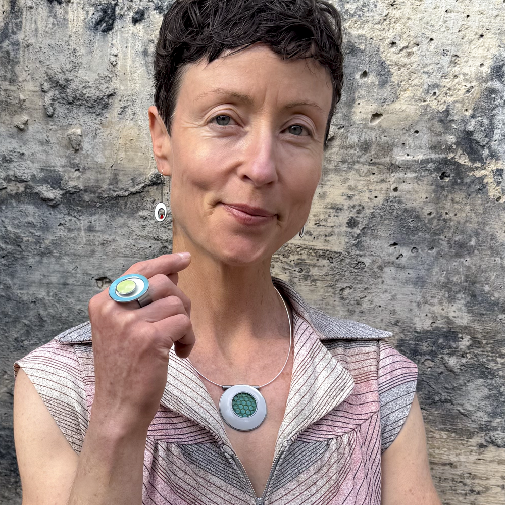 Abella - Ford, Audi, Plymouth ring worn on finger with turquoise, white, and green original car paint colors.