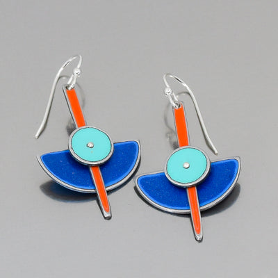Irene - Dodge & Ford: Modern dangle earrings with a blue semicircle base, orange vertical bar, and turquoise circle center. Geometric design with sterling silver ear wires for a sleek finish. Made from vintage car parts by Joyride Jewelry