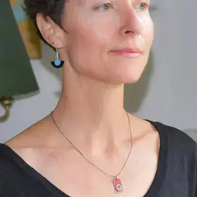 Marion - Ford & Dodge silver snake chain necklace with miniature vintage car paint pendant worn by woman