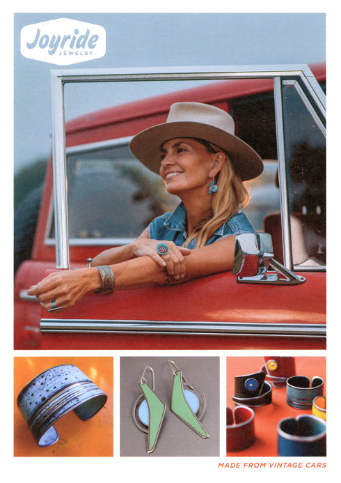 A woman in a hat smiles from a red vintage truck, adorned in colorful Joyride Jewelry. Close-ups show unique rings, a cuff bracelet, and geometric earrings. Text: Joyride Jewelry, Made from vintage cars, Gift Cards $50-$500 available.